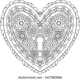 Adult coloring page for anti stress art therapy with editable line. Mechanical patterned heart in tangled style. Template for t-shirt, tattoo, poster or cover. Colouring book for Valentines day.