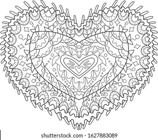 Adult coloring page for anti stress art therapy with editable line. Beautiful patterned heart in tangled style. Template for t-shirt, tattoo, poster or cover. Colouring book for Valentines day.