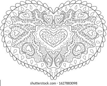 Adult coloring page for anti stress art therapy with editable line. Beautiful patterned heart in tangled style. Template for t-shirt, tattoo, poster or cover. Colouring book for Valentines day.