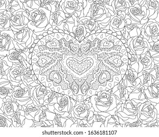 Adult coloring page for anti stress art therapy with editable line. Beautiful patterned heart with roses in zentangle style for coloring.