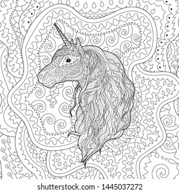 Adult coloring page for antistress art therapy. Beautiful unicorn in zendoodle style. Template for t-shirt, tattoo, poster or cover. Colouring book for grown ups.