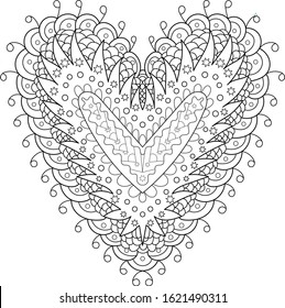 Adult coloring page for antistress art therapy with editable line. Beautiful patterned heart in zendoodle style. Template for t-shirt, tattoo, poster or cover. Colouring book for Valentines day.