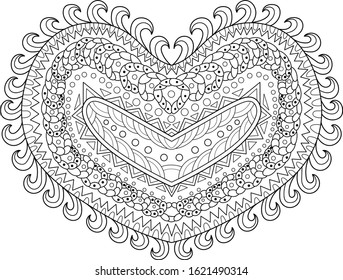 Adult coloring page for antistress art therapy with editable line. Beautiful patterned heart in zendoodle style. Template for t-shirt, tattoo, poster or cover. Colouring book for Valentines day.