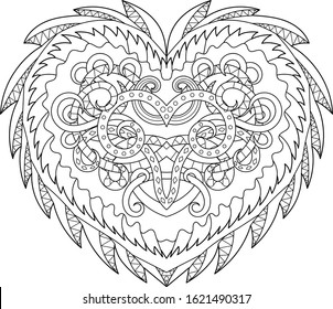 Adult coloring page for antistress art therapy with editable line. Beautiful patterned heart in zendoodle style. Template for t-shirt, tattoo, poster or cover. Colouring book for Valentines day.