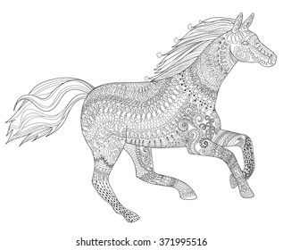 Adult coloring page for antistress art therapy. Running horse in zentangle style. Template for t-shirt, tattoo, poster or cover. Vector illustration.