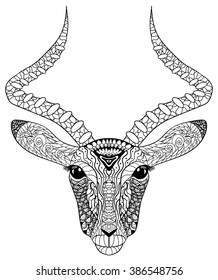 Adult coloring page for antistress art therapy. Head of the antelope in zentangle style. Zendoodle template for t-shirt, tattoo, poster or cover. Vector illustration.