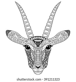 Adult coloring page for antistress art therapy. Head of the antelope in zentangle style. Zendoodle template for t-shirt, tattoo, poster or cover. Vector illustration.