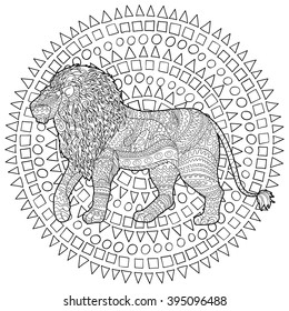 Adult coloring page for antistress art therapy. Hand drawn lion in zentangle style. Zendoodle ornamental outline template for t-shirt, tattoo, poster or cover. Vector illustration.