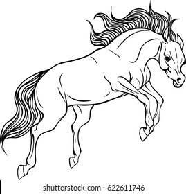 Adult coloring page for antistress art therapy. Running horse in zentangle style. Template for t-shirt, tattoo, poster or cover. Vector illustration.