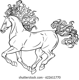 Adult coloring page for antistress art therapy. Running horse in zentangle style. Template for t-shirt, tattoo, poster or cover. Vector illustration.