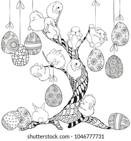 Adult coloring page. Artistic tree, Easter eggs and bunnies. Black and white.