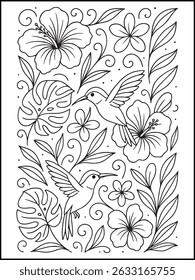 Adult Coloring Page. Beautiful Butterfly and Flowers Calming Line Art for Mindful Relaxation and Stress Relief