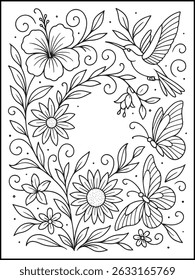 Adult Coloring Page. Beautiful Butterfly and Flowers Calming Line Art for Mindful Relaxation and Stress Relief