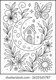 Adult Coloring Page. Beautiful Butterfly and Flowers Calming Line Art for Mindful Relaxation and Stress Relief