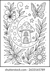 Página de cores para adultos. Bela borboleta e flores calmante linha arte para relaxamento consciente e alívio de estresse