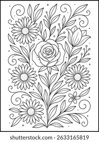 Adult Coloring Page. Beautiful Butterfly and Flowers Calming Line Art for Mindful Relaxation and Stress Relief