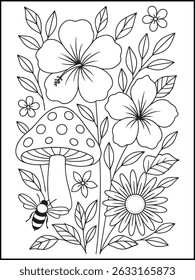 Adult Coloring Page. Beautiful Butterfly and Flowers Calming Line Art for Mindful Relaxation and Stress Relief