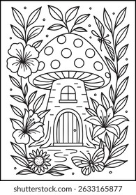 Adult Coloring Page. Beautiful Butterfly and Flowers Calming Line Art for Mindful Relaxation and Stress Relief