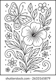 Adult Coloring Page. Beautiful Butterfly and Flowers Calming Line Art for Mindful Relaxation and Stress Relief
