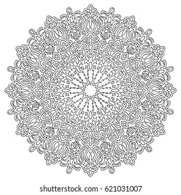 Adult Coloring Page. Black and White Mandala. Round Pattern for Print, Calico, Ethnic Goods. Authentic Monochrome Motif
