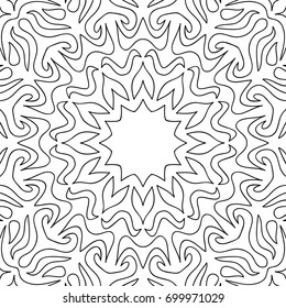 Adult Coloring Page. Black and White Seamless Pattern with Tribal Zentangle Mandala. Vector Ethnic Ornament for Cloth, Swimwear, Dress