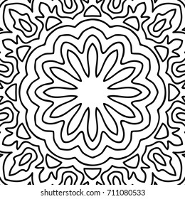 Adult Coloring Page. Black and White Seamless Pattern with Tribal Zentangle Mandala. Vector Ethnic Ornament for Cloth, Swimwear, Dress