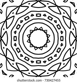 Adult Coloring Page. Black and White Seamless Pattern with Tribal Zentangle Mandala. Vector Ethnic Ornament for Cloth, Swimwear, Dress