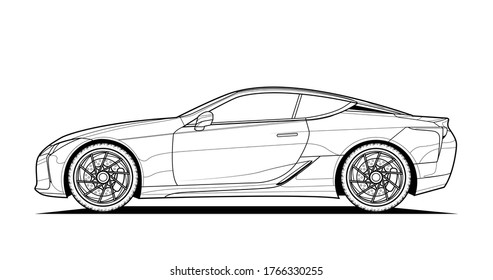Adult coloring page for book   drawing  Car vector line art illustration  High speed drive vehicle  Graphic element  wheel  Black contour sketch illustrate Isolated white background 