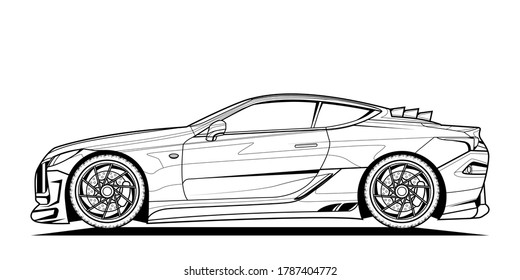Adult coloring page for book and drawing. Original Car vector line art illustration. High speed drive vehicle. Graphic element. wheel. Black contour sketch illustrate Isolated on white background.