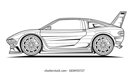 Adult Coloring Page For Book And Drawing. Concept Vector Illustration. High Speed Drive Vehicle. Graphic Element. Car Wheel. Black Contour Sketch Illustrate Isolated On White Background.