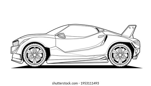 Página de coloreado adulto para libro y dibujo. Ilustración de la línea vectorial del coche. Vehículo de alta velocidad. Elemento gráfico. rueda. Esbozo de contorno negro ilustra Aislado sobre fondo blanco.