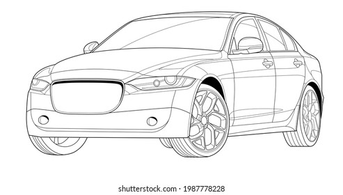 Adult coloring page for book and drawing. Concept vector illustration. High speed drive vehicle. Graphic element. Car wheel. Black contour sketch illustrate Isolated on white background.