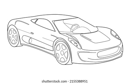 Página de coloreado adulto para libro y dibujo. Ilustración de la línea vectorial del coche. Vehículo de alta velocidad. Elemento gráfico. rueda. Esbozo de contorno negro ilustra Aislado sobre fondo blanco.