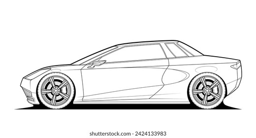 Adult coloring page for book and drawing. Car vector line art illustration. High speed drive vehicle. Graphic element. wheel. Black contour sketch illustrate Isolated on white background.