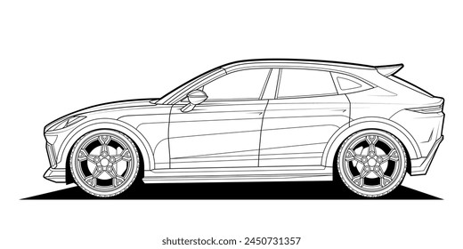 Adult coloring page for book and drawing. Car vector line art illustration. High speed drive vehicle. Graphic element. wheel. Black contour sketch illustrate Isolated on white background.