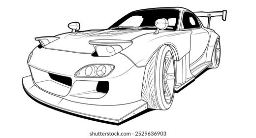 Adult coloring page for book and drawing. Vector illustration. High speed drive vehicle. Graphic element. Car front. Black contour sketch illustrate Isolated on white background.