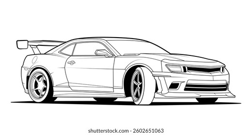 Adult coloring page for book and drawing. Car vector line art illustration. High speed drive vehicle. Graphic element. wheel. Black contour sketch illustrate Isolated on white background.