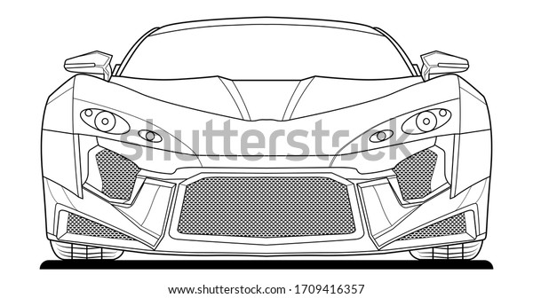 Adult coloring\
page for book and drawing. Vector illustration. High speed drive\
vehicle. Graphic element. Car front. Black contour sketch\
illustrate Isolated on white\
background.