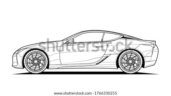 Adult coloring page for book and drawing. Car\
vector line art illustration. High speed drive vehicle. Graphic\
element. wheel. Black contour sketch illustrate Isolated on white\
background.