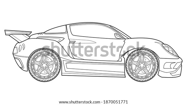 Adult coloring\
page for book and drawing. Funny vector illustration. High speed\
drive vehicle. Graphic element. Black contour sketch illustrate\
Isolated on white\
background.