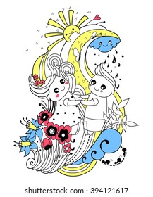 Adult coloring page with boy and girl, cloud, sun, rain, flowers, butterfly, ants, heart. Vector illustration.