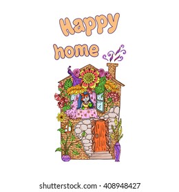 Adult coloring page. Colored illustration. Cat in the house drinking tea.Text Happy Home. Design concept.