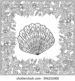 Adult coloring page with corals and sea shells. Outline drawing. Vector illustration.