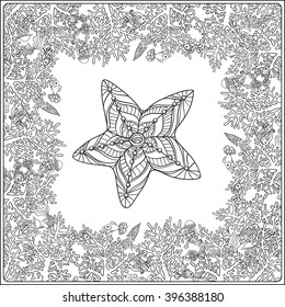 adult coloring page with corals and sea shells. Outline drawing. Vector illustration.