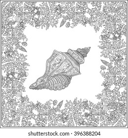 adult coloring page with corals and sea shells. Outline drawing. Vector illustration.