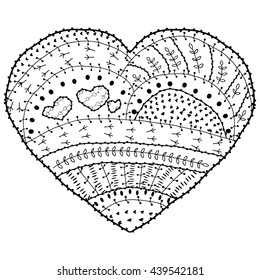 Adult coloring page cute heart vector illustration for anti stress colouring book. Whimsical line art Valentines day symbol on white background. Black outline, soft intricate pattern.