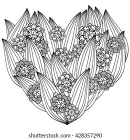 Adult coloring page drawing heart. Whimsical floral line art pattern for colouring book, print, greeting card background, decoration, wallpaper. Hand drawn Vector illustration isolated on white.
