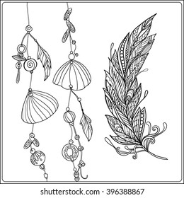 Adult coloring page with feather and sea shells in boho style. Outline drawing. Vector illustration.