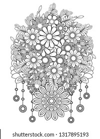 Adult coloring page with floral dreamcatcher. Black and white doodle flowers. Bouquet line art vector illustration isolated on white background. Design element