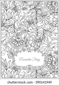Adult coloring page with floral pattern and frame for text. Outline drawing. Vector illustration.